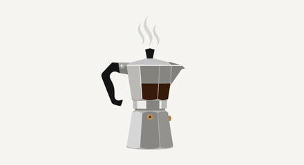 Moka pot illustration with rising steam against a clean white background and minimal design, conveying a cozy, warm coffee-making atmosphere.