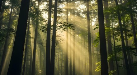 Fototapeta premium Ethereal Sunbeams Shining Through Dense Forest - Magical Woods, Nature Light, Tranquil Landscape, Atmospheric Scene