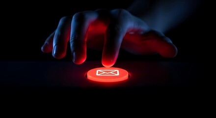 Hand pressing glowing email button in the dark.