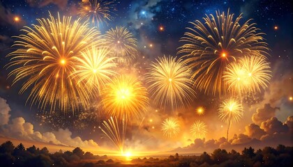 Golden fireworks display over a vibrant landscape