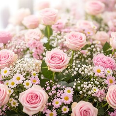 Delicate Pink Roses and Daisies - A Floral Symphony of Softness.