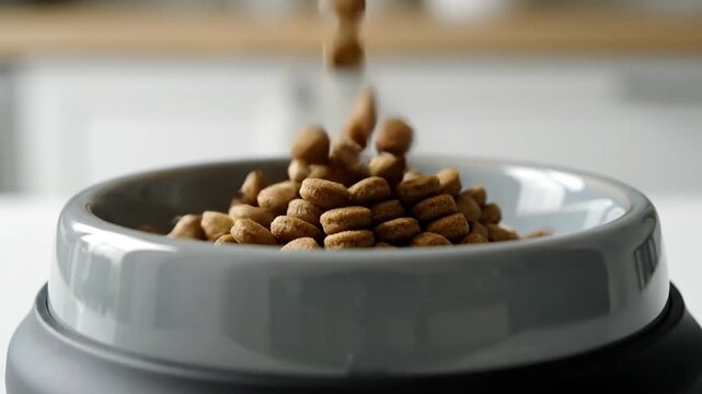 Dog bowl on table with happy dog eating delicious peanuts in a cozy indoor setting captured in charming detail