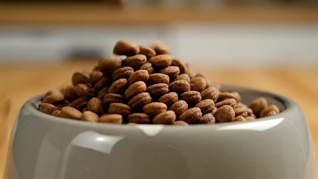 Dog bowl on table next to a bowl of peanuts in a cozy home setting with warm lighting and textured surfaces