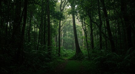 Fototapeta premium A mystical view of a dense rainforest at the dead of night, where shadows play amongst the lush tropical foliage and ancient trees ,undergrowth ,plants ,outdoors