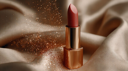 Close up of a lipstick on a satin fabric with glitter for a luxurious and glamorous presentation