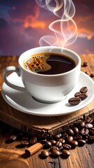 Fototapeta premium Coffee cup with steam over sunset