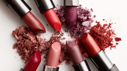 Assorted lipsticks with black and silver tubes surrounded by loose eyeshadow on a white background
