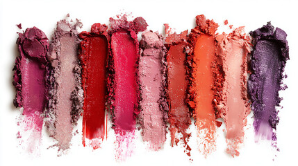 Assorted colorful lipstick swatches on a white background showing different shades and textures