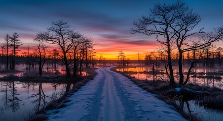 Winters Embrace - A Snowy Road at Sunset.