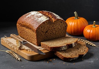 A rustic loaf of rye bread, perfect for a festive autumn meal. Golden-brown crust and a rich, hearty texture for holiday feasting ,rye ,bakery ,wholesome food