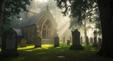 A serene churchyard setting bathed in soft light, offering a tranquil space for quiet contemplation and spiritual reverence ,flowers ,grass ,prayer