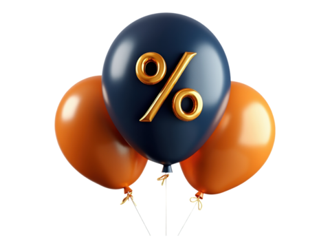 Percentage Symbol on Dark Blue Balloon with Orange Balloons Isolated on Transparent Background Sales Discount