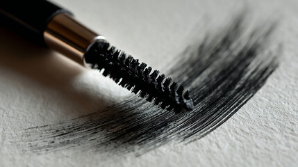 Close up of a mascara brush with black mascara strokes on a white textured surface in soft lighting