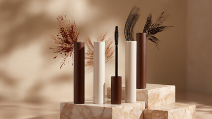 Mascara tubes in neutral tones arranged on marble blocks with abstract cosmetic splatters behind them