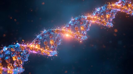 A vibrant, glowing DNA double helix structure with intricate details and sparkling particles against a dark, cosmic background.