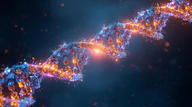 A vibrant, glowing DNA double helix structure with intricate details and sparkling particles against a dark, cosmic background.