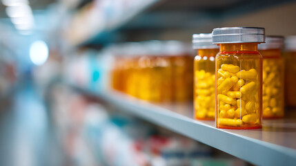 Close up of orange pill bottles filled with yellow capsules on a shelf in a pharmacy store aisle