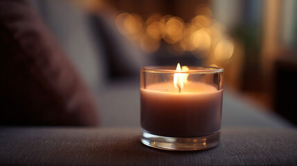 Close up of a lit candle in a clear glass holder with blurred background and soft light glow effect