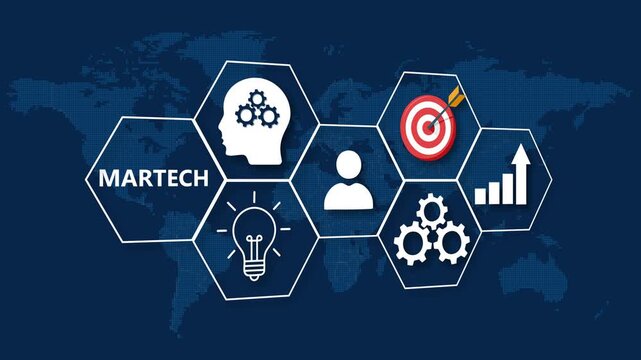 Martech Concept With Icons And World Map On Blue Background Keywords: martech, marketing technology, concept, icons, world map, blue background, business, strategy, goals, idea, teamwork, progress