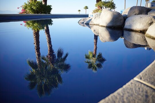 Serene pool reflects palms. Rocks line the edge, blue sky above - Powered by Adobe