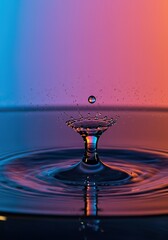 A single, clear water drop creates a perfect splash, reflecting light and forming concentric ripples on a calm surface, signifying purity and movement ,element ,precision ,blue