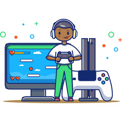 Young person with headphones playing video games holding a controller in front of a computer screen with a gaming console and joystick beside them on a white background