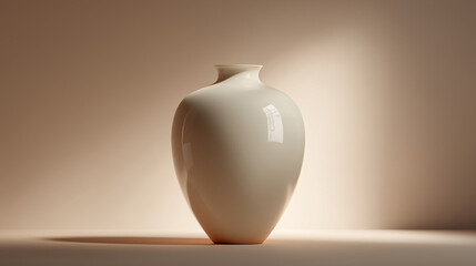 A simple studio shot of a white ceramic vase against a soft beige background with gentle lighting effect
