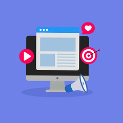 computer monitor with marketing elements such as megaphone, target, play button, and heart icon.