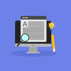 computer monitor with a document, magnifying glass, pencil, and light bulb, representing content creation, copywriting, and online research.