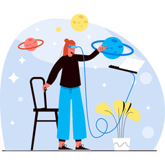 Young woman exploring the cosmos using virtual reality headset in a stylized room with planets and stars around her creating an immersive educational experience