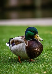 Obraz premium A stunning mallard duck, with vibrant plumage, rests peacefully on lush green grass in a detailed outdoor closeup ,feather detail ,wild ,outdoors