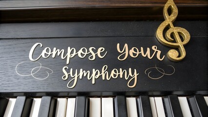 Piano keyboard with inspiring text for composing a symphony