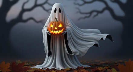 A spooky ghost holding a glowing pumpkin in a dark forest