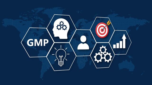 GMP Concept With Business Icons And World Map Background good manufacturing practice standards