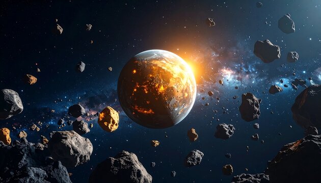Fiery planet in asteroid field