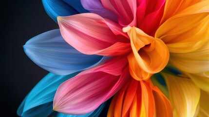 Obraz premium Colorful Abstract Floral Composition with Petals in Vibrant Hues of Blue, Pink, Orange, and Yellow on Black Background