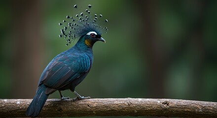 Naklejka premium A vibrant bird showcasing its magnificent crest against a natural backdrop, highlighting its unique and striking plumage ,majestic ,tropical ,impressive