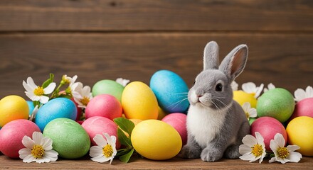 A vibrant collection of colorful Easter eggs, a fluffy bunny, and spring flowers, perfect for holiday celebrations and seasonal greetings ,basket ,light ,bunny