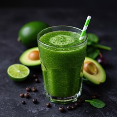 A vibrant green smoothie in a clear glass, brimming with fresh, healthy ingredients, perfect for a refreshing detox drink ,healthy lifestyle ,healthy eating ,clear glass