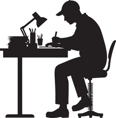 Silhouette of man wearing cap writing at desk with lamp