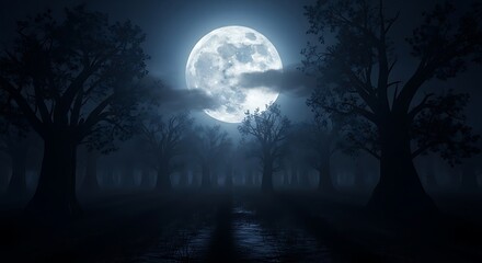 Mystical Moonlight Over Dark Forest - A Nighttime Landscape.