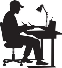 Silhouette of person at desk with lamp drawing vector