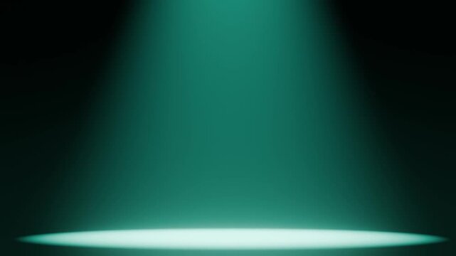 A single, powerful spotlight illuminates an empty stage, cutting through the atmospheric haze and volumetric light beams. The dramatic lighting creates a focused point of interest on the dark