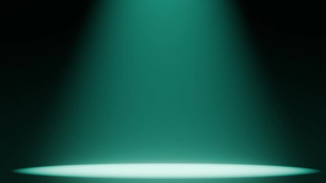 A single, powerful spotlight illuminates an empty stage, cutting through the atmospheric haze and volumetric light beams. The dramatic lighting creates a focused point of interest on the dark