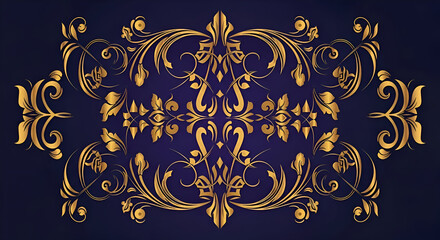 Ornate golden baroque flourish design with intricate details on a dark blue background