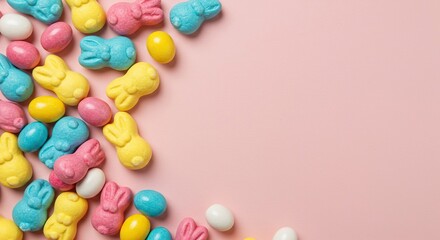 Obraz premium Colorful easter bunny shaped candies scattered on a pastel background, evoking the joy and sweetness of spring holiday treats ,fun ,cute ,delicious