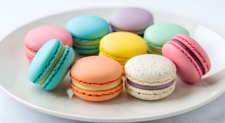 Fototapeta premium Assortment of colorful french macarons arranged on a white plate