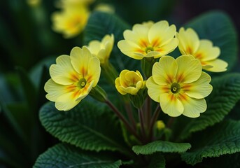 Fototapeta premium Delicate primrose flowers bloom brightly, showcasing their soft yellow petals. A gentle herald of spring and new beginnings ,flower ,vibrant color ,beauty