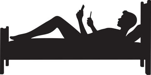 Silhouette of person lying in bed using two mobile phones