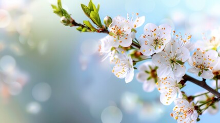 Obraz premium Delicate White Blossoms on a Branch Against a Soft Colorful Background in Spring Season